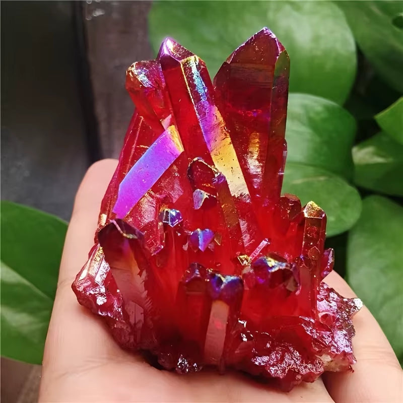 Radiant Red Titanium Rainbow Aura Crystal Cluster