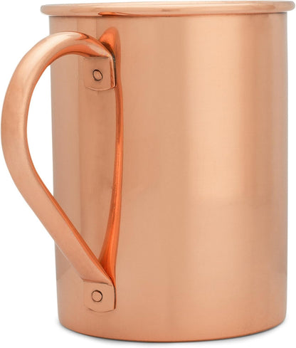 PURE Copper Mug RAW Copper Interior Ideal for Ayurvedic Health Benefits and Moscow Mules - Straight Smooth Finish - Authentic and Strong Riveited Handle - Holds 16Oz