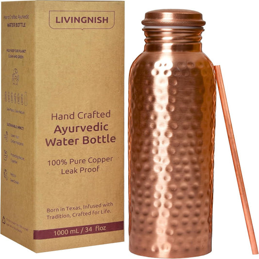 Pure Copper Water Bottle – 34oz Wide Mouth Hammered Ayurvedic Vessel with Straw
