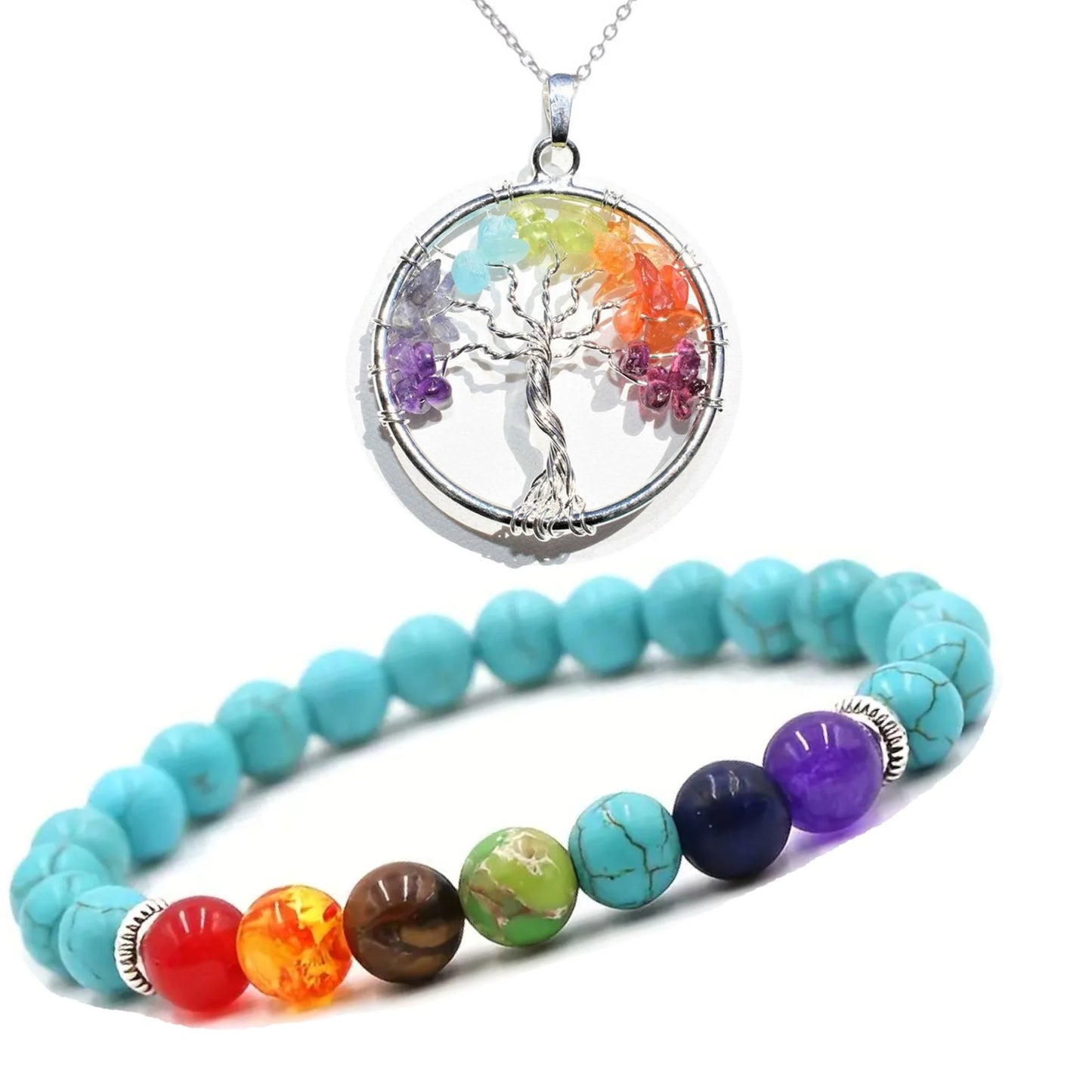 Unisex Chakra Pendant Necklace & Turquoise Energy Bracelet Set – Harness the Power of Balance & Healing