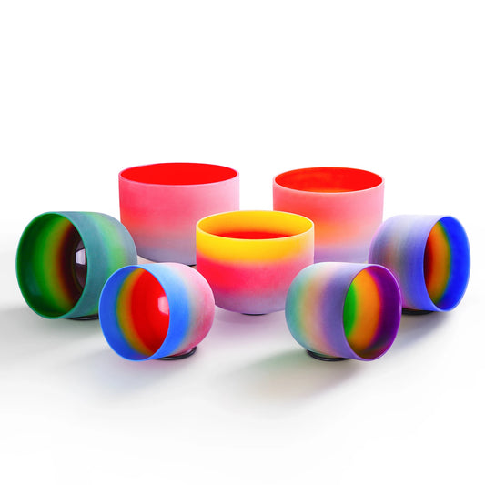 7-Piece Chakra Singing Bowl Set – Rainbow Frosted Quartz (7"-12"), 432Hz/440Hz + Free Bag