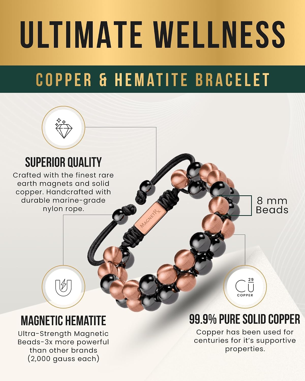 Magnetic Hematite & Solid Copper Bracelet — 8 mm