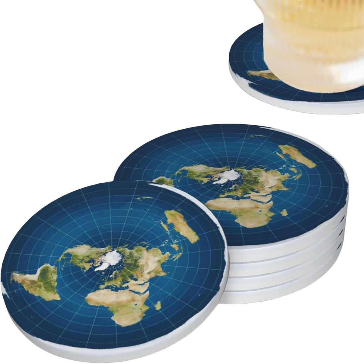 Flat Earth Map Ceramic Coasters — Cork-Backed Set of 4