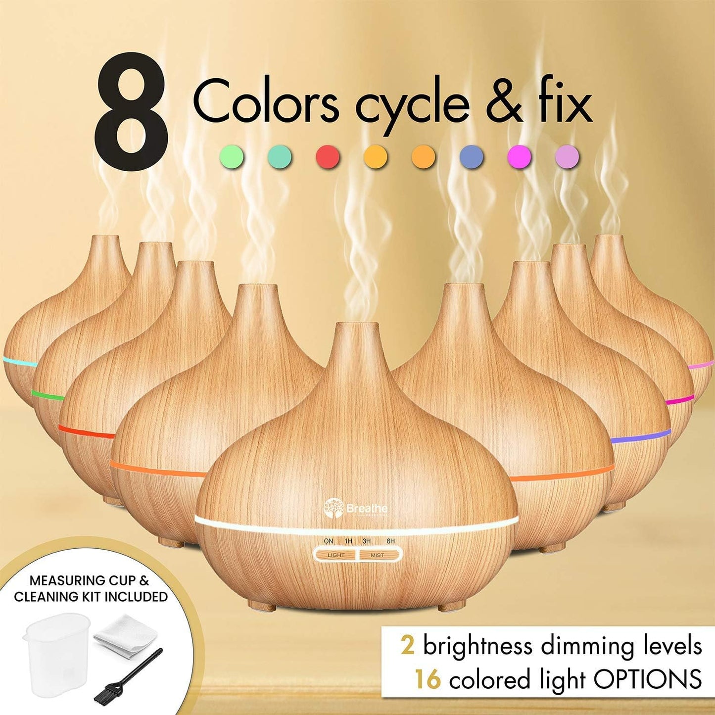 550ml Essential Oil Diffuser | Natural Oak, 18-Hour Runtime, 16 LED Lights, Auto Power-Off