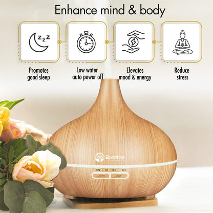 550ml Essential Oil Diffuser | Natural Oak, 18-Hour Runtime, 16 LED Lights, Auto Power-Off