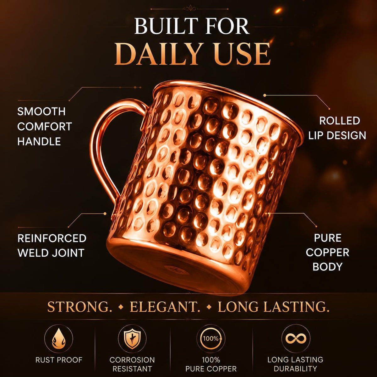 Pure Copper Moscow Mule Mug — 14 oz Handcrafted Hammered Cup