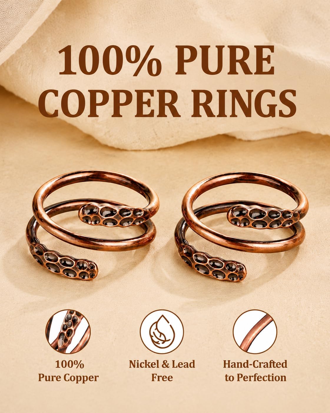 Pure Copper Adjustable Rings — Set of 2