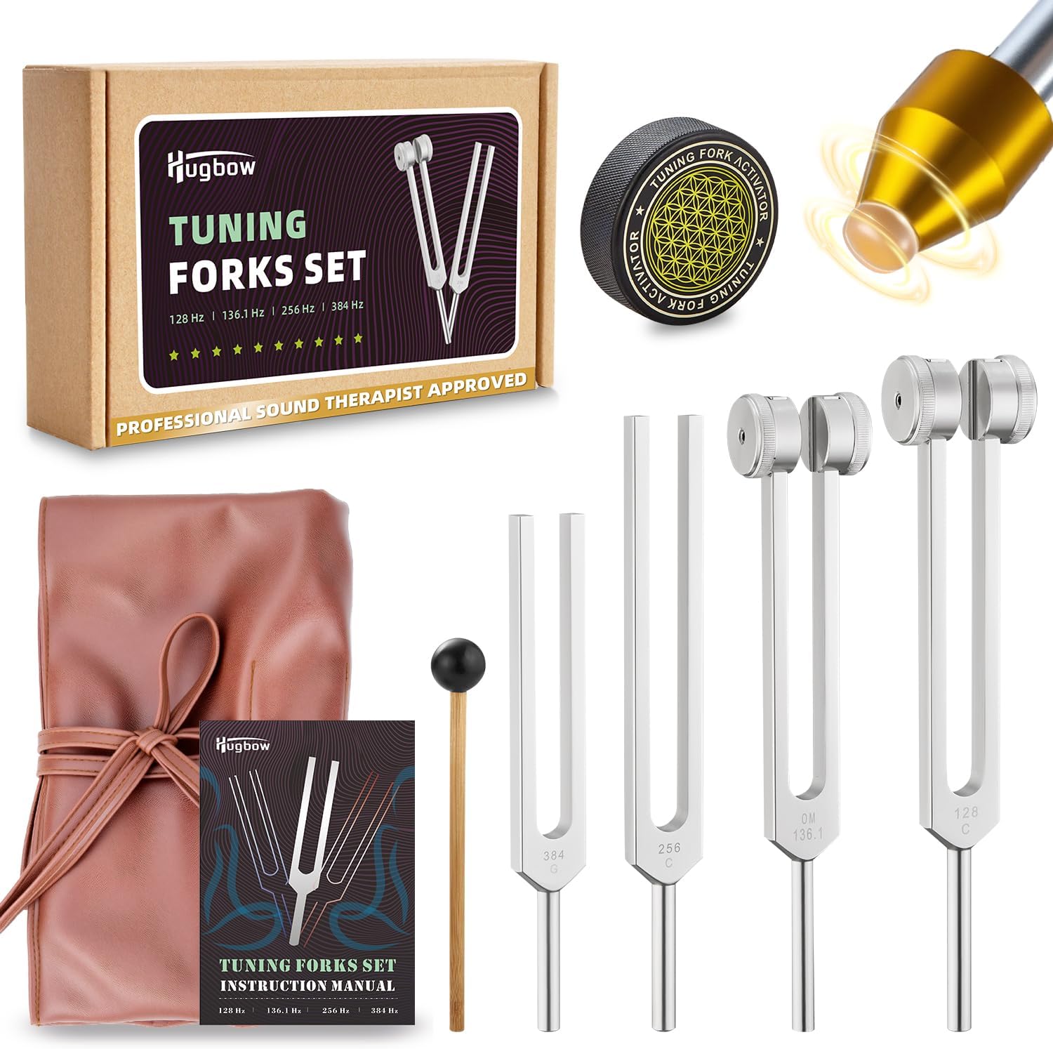 Healing Tuning Fork Set – 128Hz, 136.1Hz, 256Hz & 384Hz with Activators & Vegan Leather Pouch