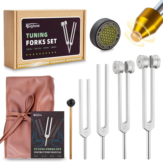 Healing Tuning Fork Set – 128Hz, 136.1Hz, 256Hz & 384Hz with Activators & Vegan Leather Pouch