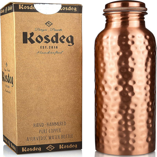 Handcrafted Pure Copper Water Bottle – 1L Ayurvedic Wellness Vessel (Hammered Finish)