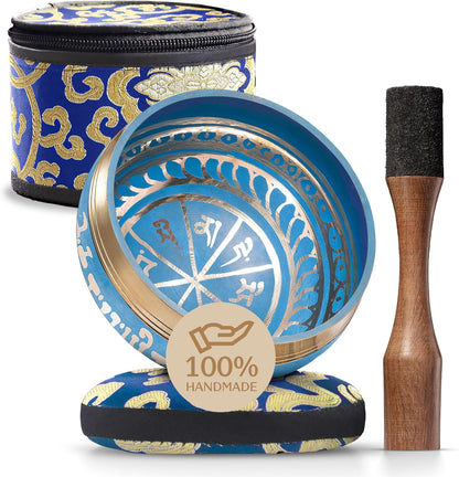 Handmade Tibetan Singing Bowl Set — Etched Himalayan Sound Healing Instrument with Case