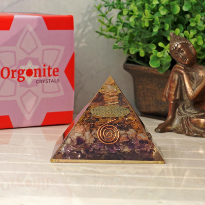 Orgone Iron Will Pyramid — Tiger Eye, Sunstone & Amethyst Energy Generator