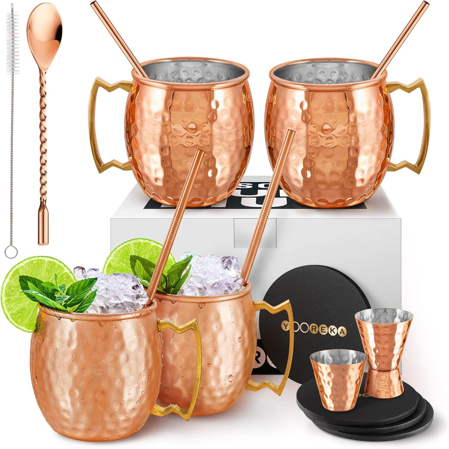 – 16 oz Solid Pure Copper Cups with Straws, Wood Coasters, Shot Glass, Spoon & Cleaning Brush