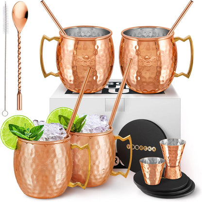 – 16 oz Solid Pure Copper Cups with Straws, Wood Coasters, Shot Glass, Spoon & Cleaning Brush