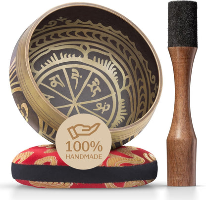 Handmade Tibetan Singing Bowl Set — Etched Himalayan Sound Healing Instrument with Case