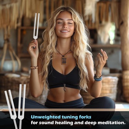 Healing Tuning Fork Set – 128Hz, 136.1Hz, 256Hz & 384Hz with Activators & Vegan Leather Pouch