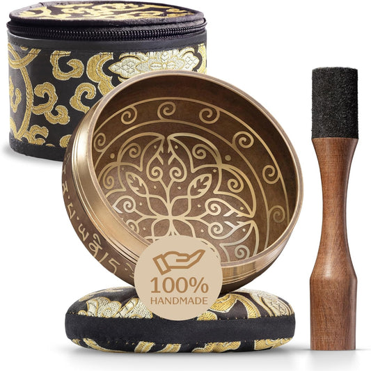 Handmade Tibetan Singing Bowl Set — Etched Himalayan Sound Healing Instrument with Case