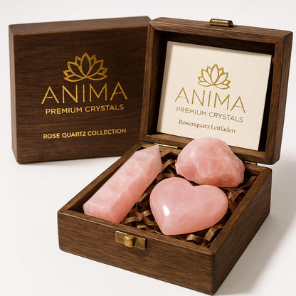 Premium Clear Quartz Crystal Set – Tower, Raw Stone & Cluster with Wooden Gift Box & Info Card