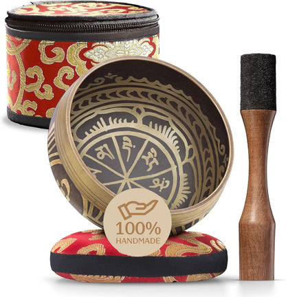 Handmade Tibetan Singing Bowl Set — Etched Himalayan Sound Healing Instrument with Case