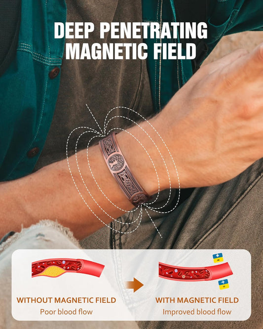 Men’s Pure Copper Magnetic Bracelet – 18X Strength, 3,800 Gauss Therapy, Adjustable & Engraved Tree of Life Design