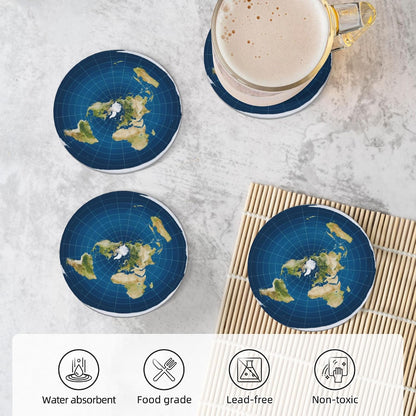 Flat Earth Map Ceramic Coasters — Cork-Backed Set of 4