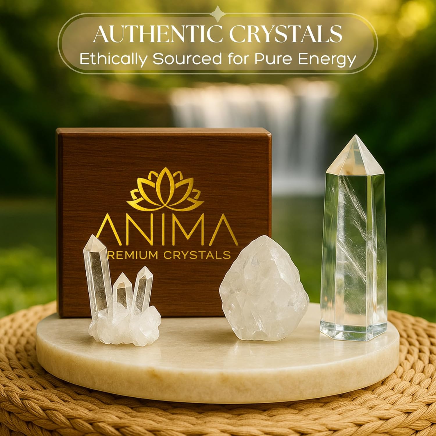 Premium Clear Quartz Crystal Set – Tower, Raw Stone & Cluster with Wooden Gift Box & Info Card