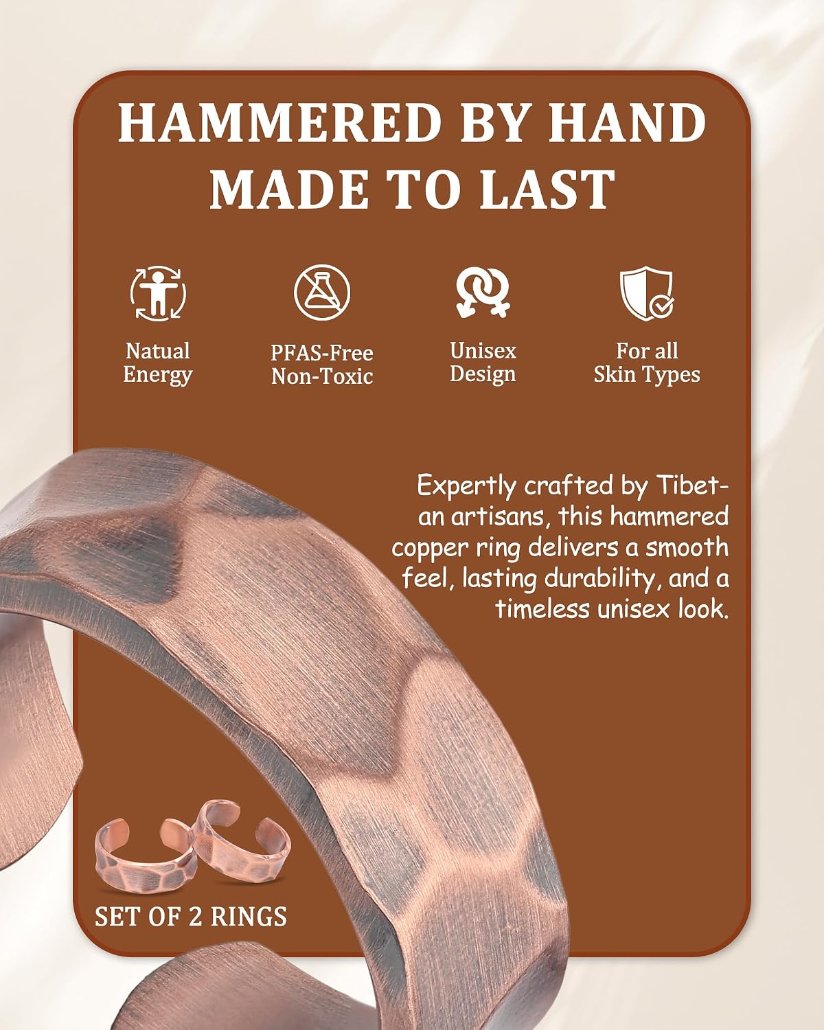 Pure Copper Tibetan-Style Rings — Set of 2