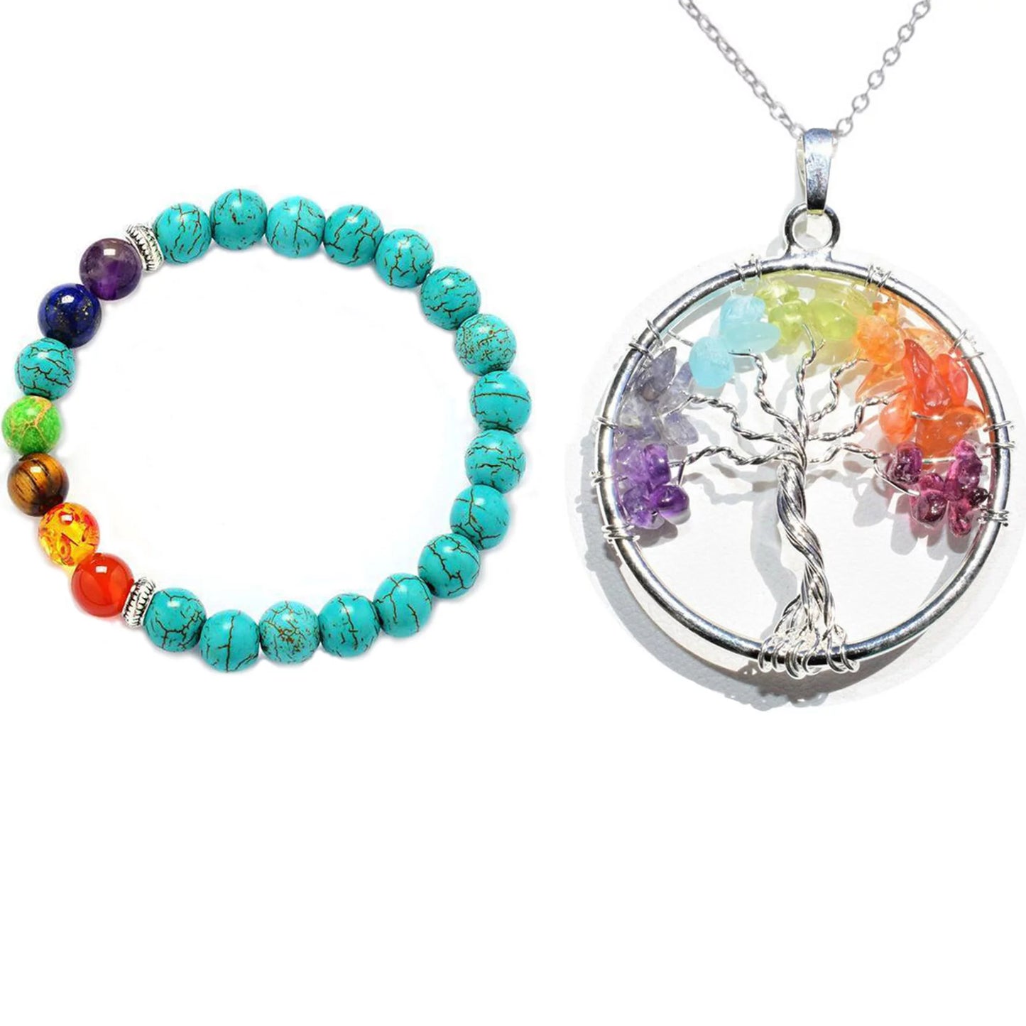 Unisex Chakra Pendant Necklace & Turquoise Energy Bracelet Set – Harness the Power of Balance & Healing