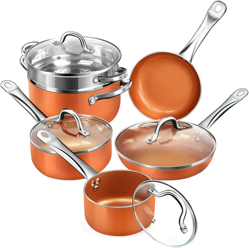 10 Pieces Copper Cookware Nonstick Copper Pots and Pans Set, Copper Pans and Pots, Copper Pans Copper Pots Copper Stockpots Nonstick Copper Ceramic Cookware Copper Aluminum Cookware Sets