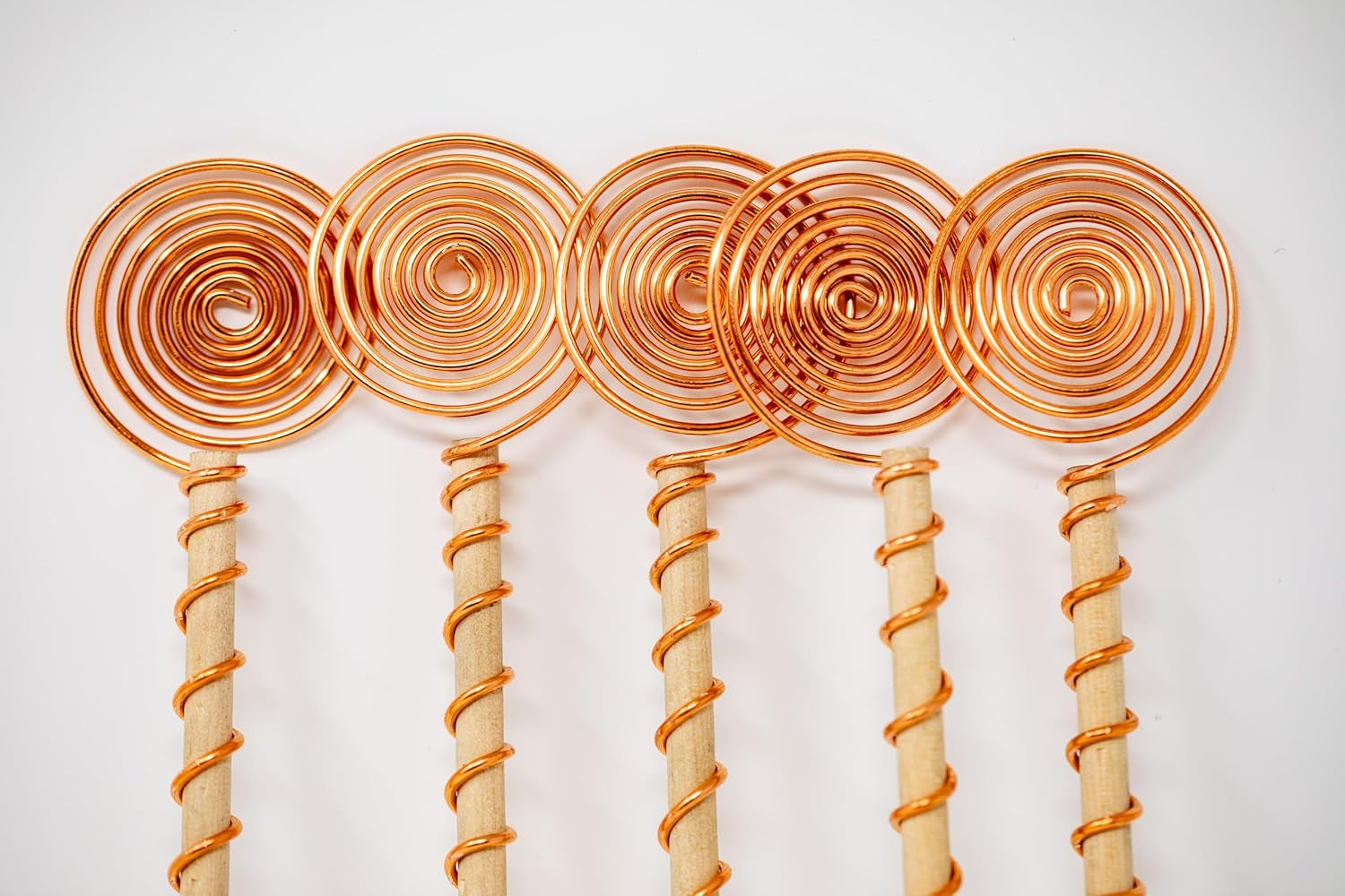 Electroculture Garden Antennas – 12" Copper & Wood Sun Spiral Stakes (5 Pack)