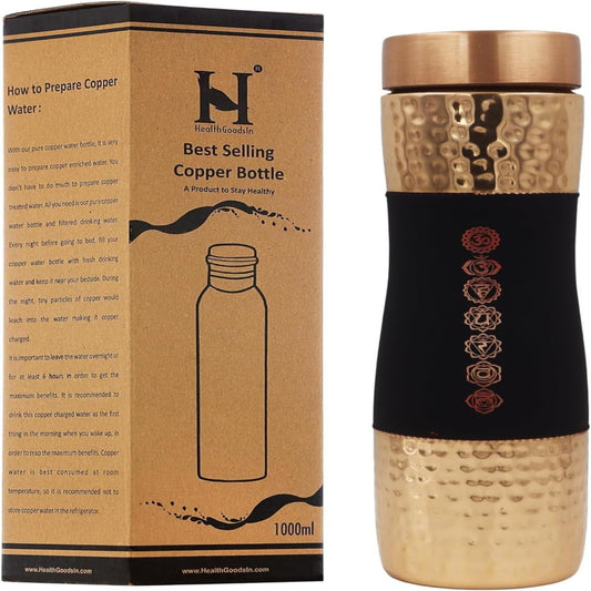 Pure Copper Water Bottle – 34oz Wide Mouth Ayurvedic Vessel (7 Chakras Design)