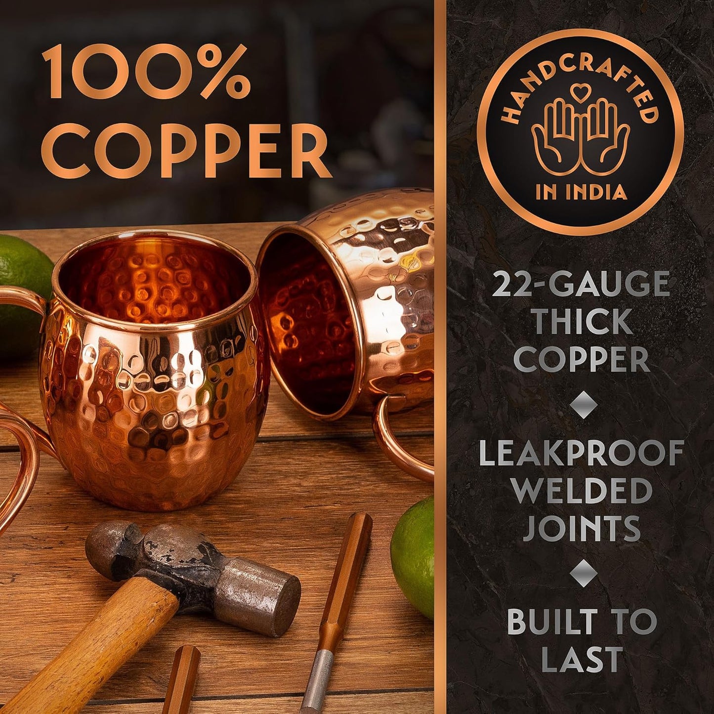 – 16 oz Solid Pure Copper Cups with Straws, Wood Coasters, Shot Glass, Spoon & Cleaning Brush