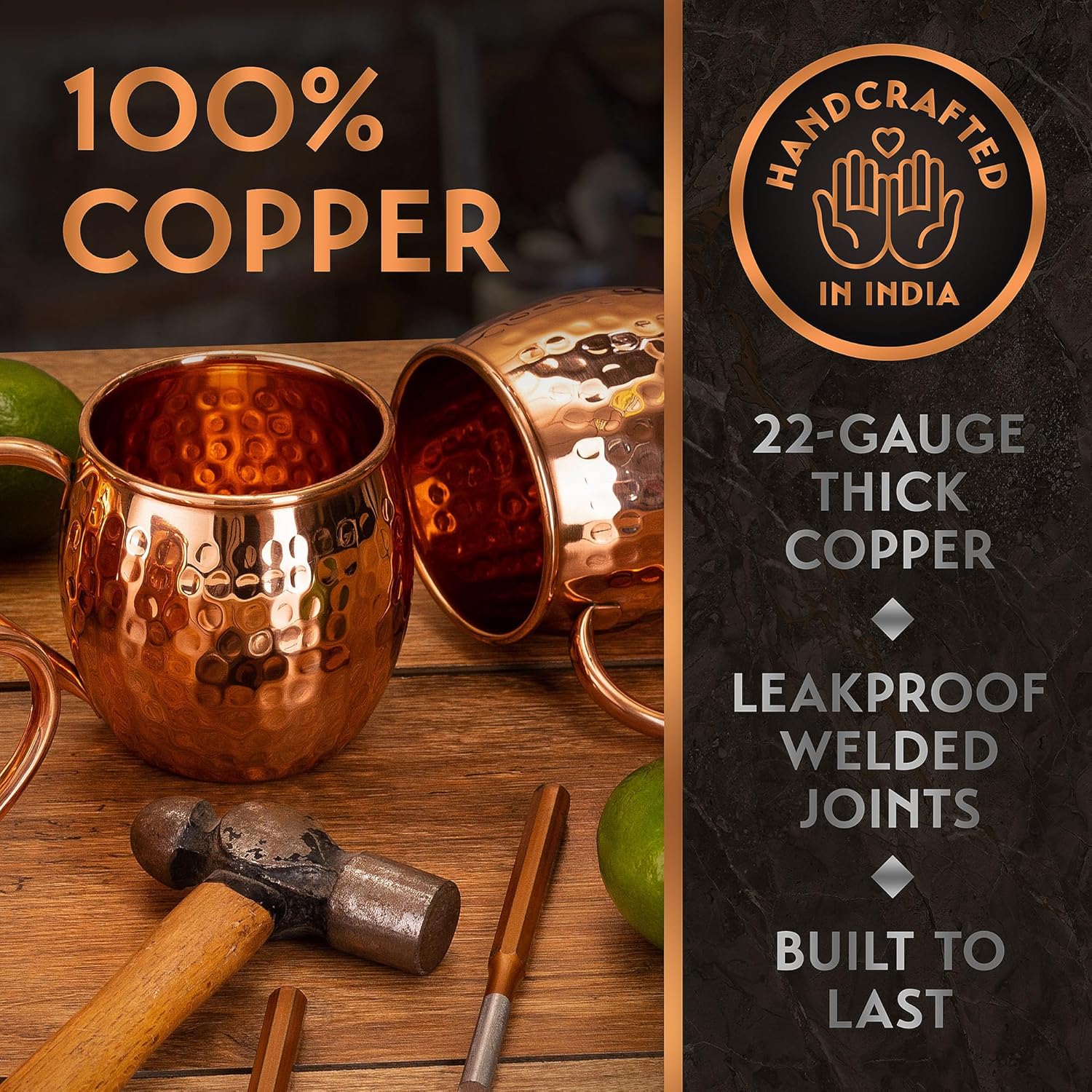 – 16 oz Solid Pure Copper Cups with Straws, Wood Coasters, Shot Glass, Spoon & Cleaning Brush