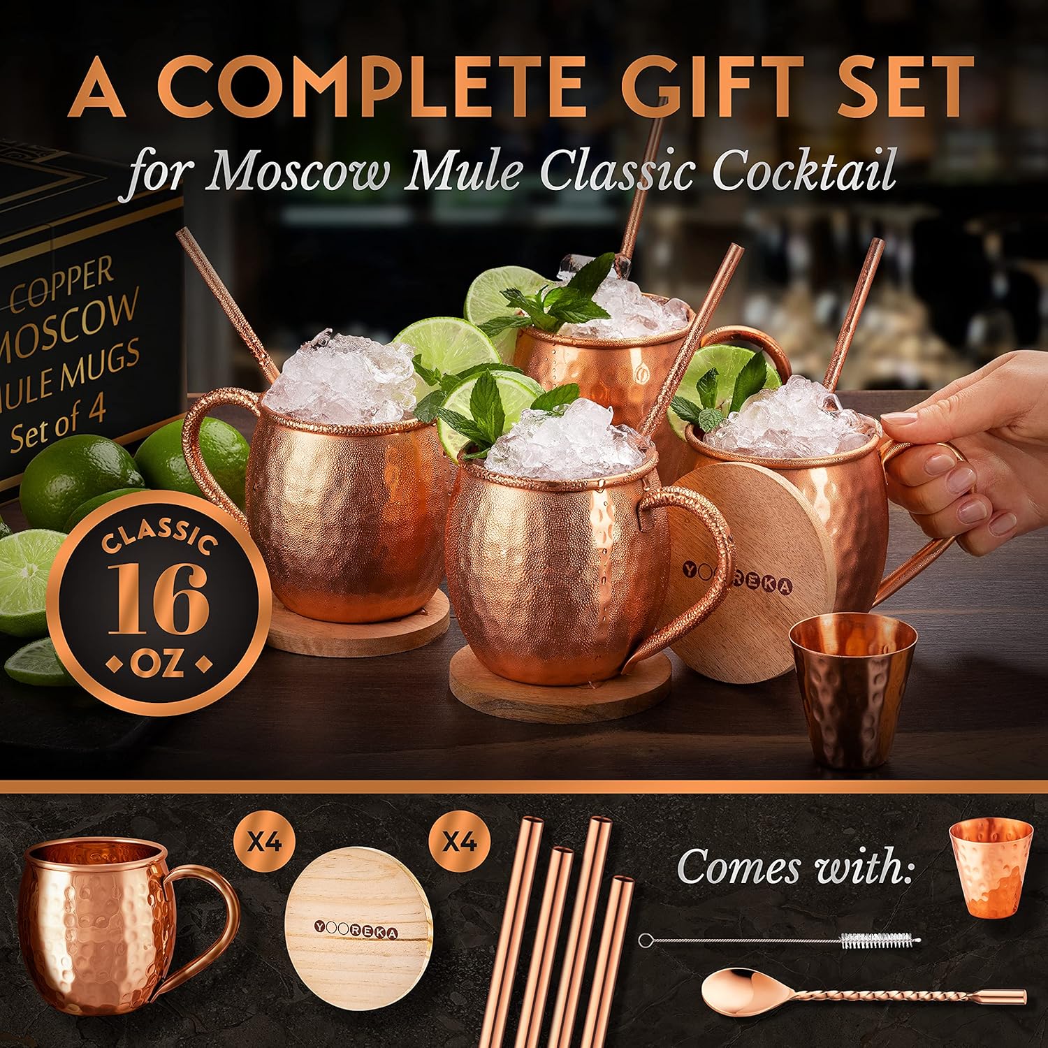 – 16 oz Solid Pure Copper Cups with Straws, Wood Coasters, Shot Glass, Spoon & Cleaning Brush