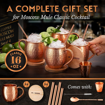 – 16 oz Solid Pure Copper Cups with Straws, Wood Coasters, Shot Glass, Spoon & Cleaning Brush