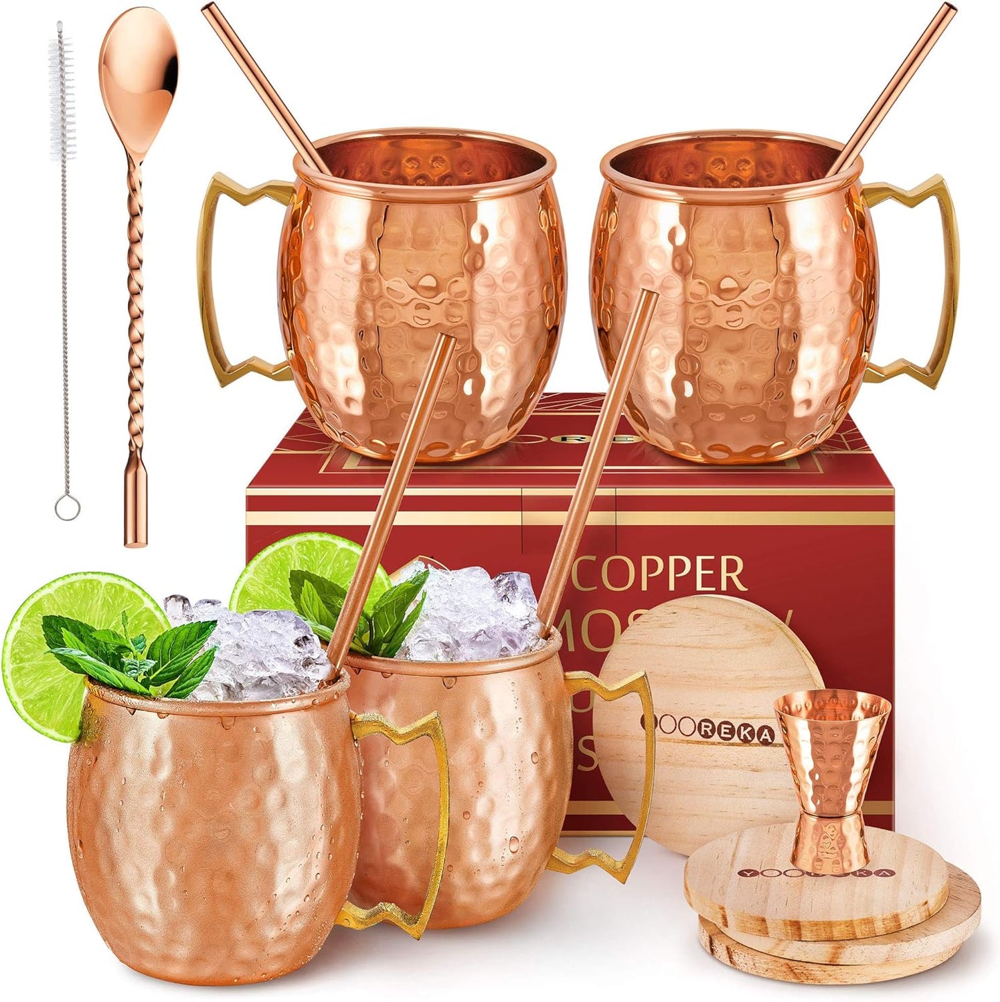 – 16 oz Solid Pure Copper Cups with Straws, Wood Coasters, Shot Glass, Spoon & Cleaning Brush