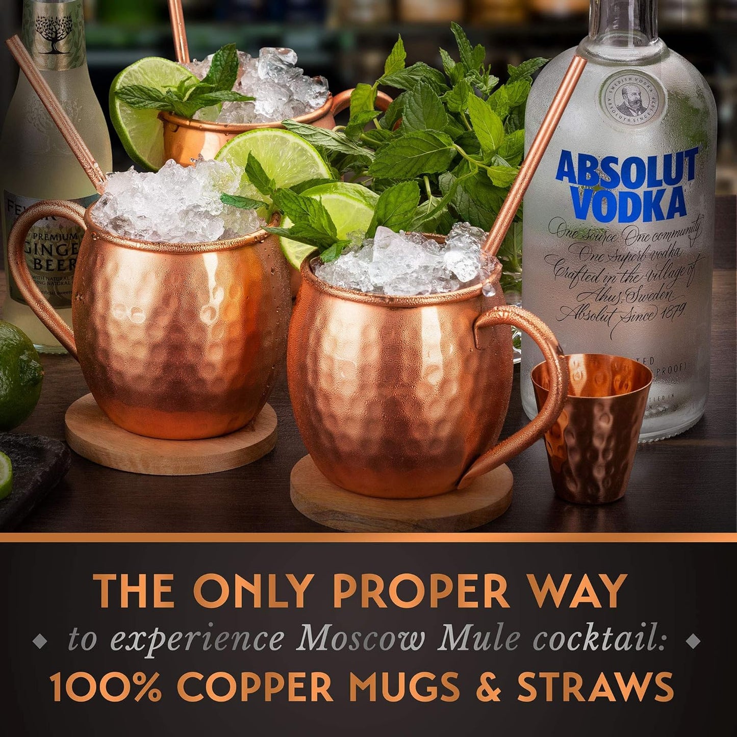 – 16 oz Solid Pure Copper Cups with Straws, Wood Coasters, Shot Glass, Spoon & Cleaning Brush