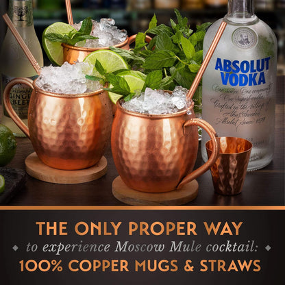 – 16 oz Solid Pure Copper Cups with Straws, Wood Coasters, Shot Glass, Spoon & Cleaning Brush