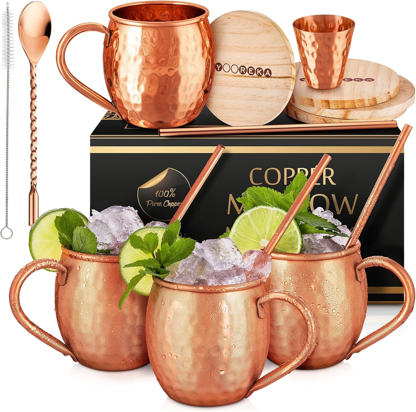 – 16 oz Solid Pure Copper Cups with Straws, Wood Coasters, Shot Glass, Spoon & Cleaning Brush