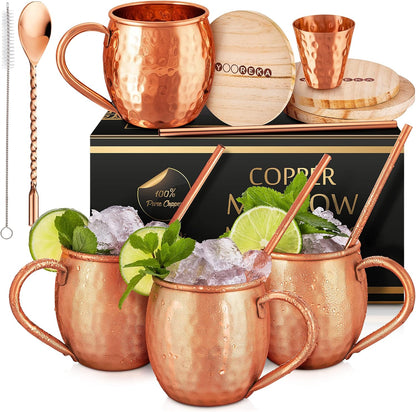 – 16 oz Solid Pure Copper Cups with Straws, Wood Coasters, Shot Glass, Spoon & Cleaning Brush
