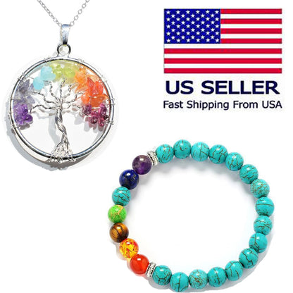 Unisex Chakra Pendant Necklace & Turquoise Energy Bracelet Set – Harness the Power of Balance & Healing