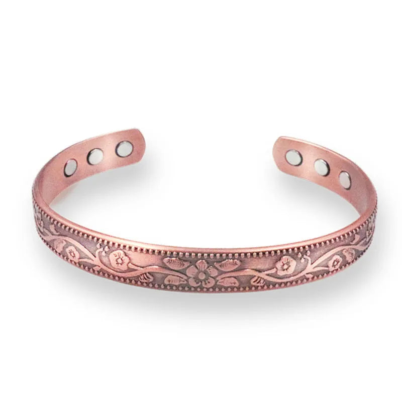 Vintage Flower Copper Cuff Bracelet – Adjustable Magnetic Bangle