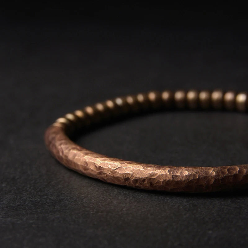 Handmade Hammered Pure Copper Cuff Bracelet – Vintage Oxidized Finish With Brass Accent Beads
