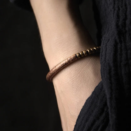 Handmade Hammered Pure Copper Cuff Bracelet – Vintage Oxidized Finish With Brass Accent Beads