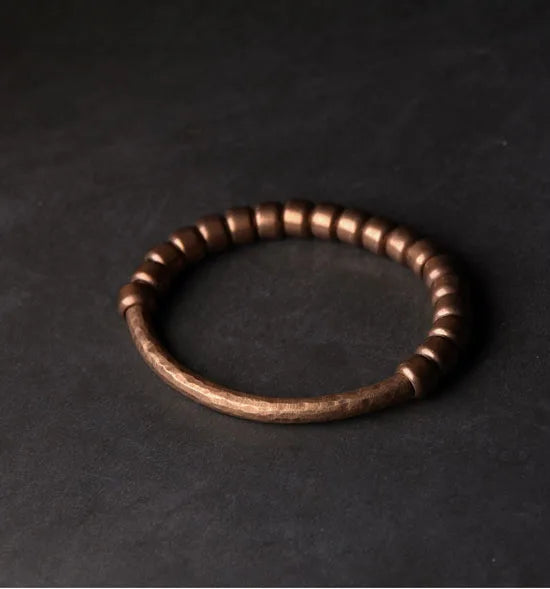Handmade Hammered Pure Copper Cuff Bracelet – Vintage Oxidized Finish With Brass Accent Beads