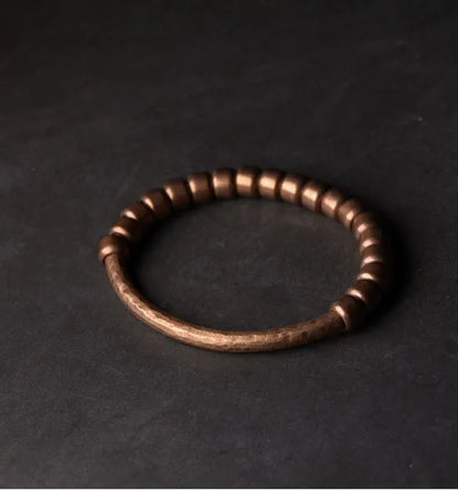 Handmade Hammered Pure Copper Cuff Bracelet – Vintage Oxidized Finish With Brass Accent Beads