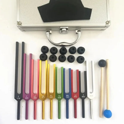 10-Piece Aluminum Alloy Tuning Fork Set – Complete Frequency Healing Kit (174Hz to 963Hz)