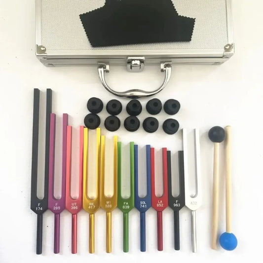 10-Piece Aluminum Alloy Tuning Fork Set – Complete Frequency Healing Kit (174Hz to 963Hz)