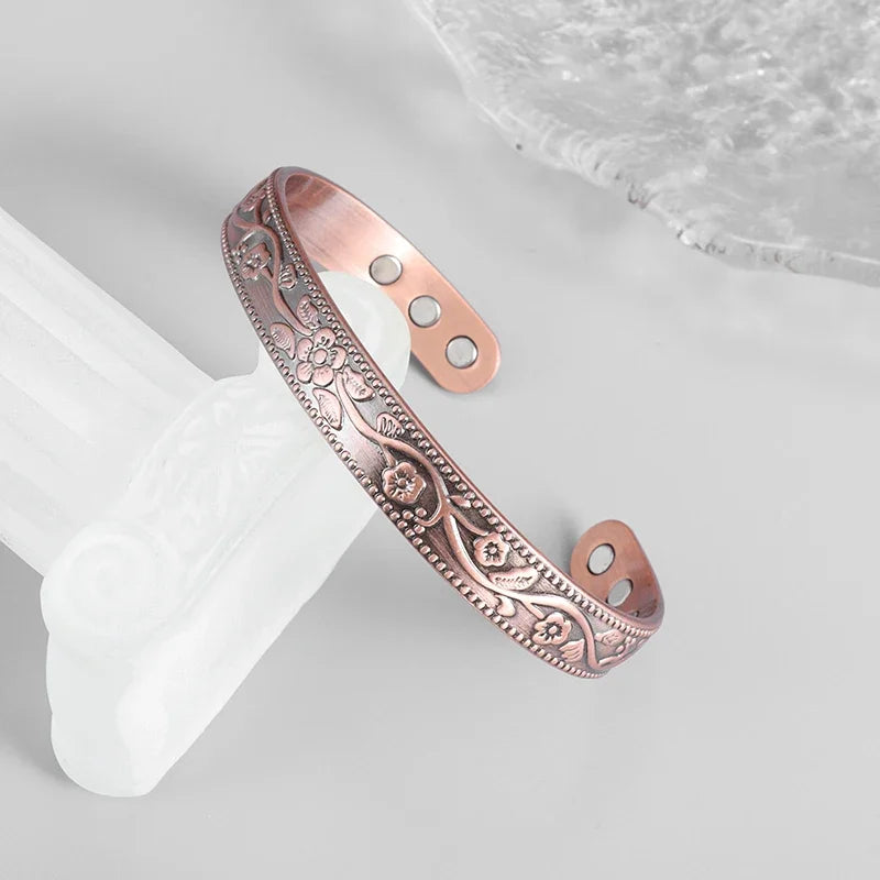 Vintage Flower Copper Cuff Bracelet – Adjustable Magnetic Bangle