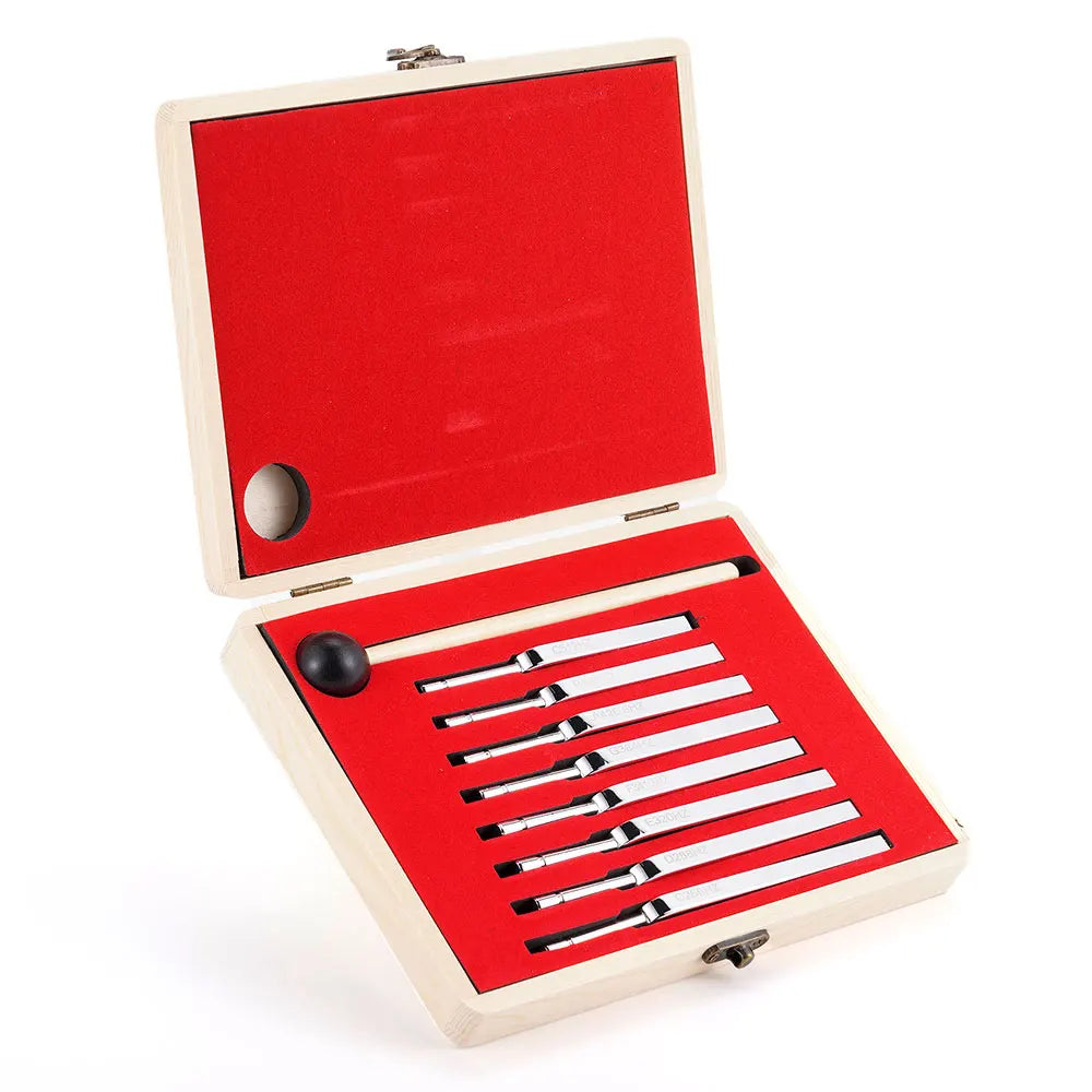 8-Piece Steel Tuning Fork Set (256–512Hz) – Precision Sound Therapy & Instrument Tuning Kit with Mallet and Wooden Box